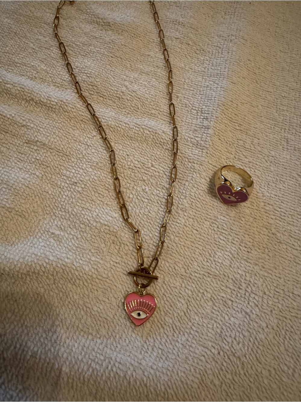 Gold Chain Necklace and Ring Set with Pink Heart Evil Eye Charm - Unbranded
